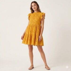 En Saison Mustard Yellow Eyelet Ruffle Short Mini Dress Flutter Sleeves Broderie